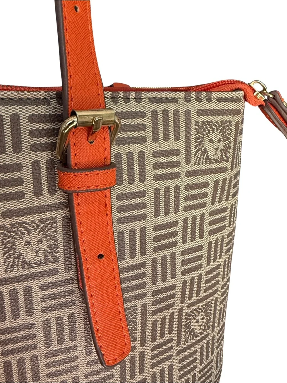 Anne Klein Brown Logo Monogram Tote Bag Orange Trim Shoulder Purse